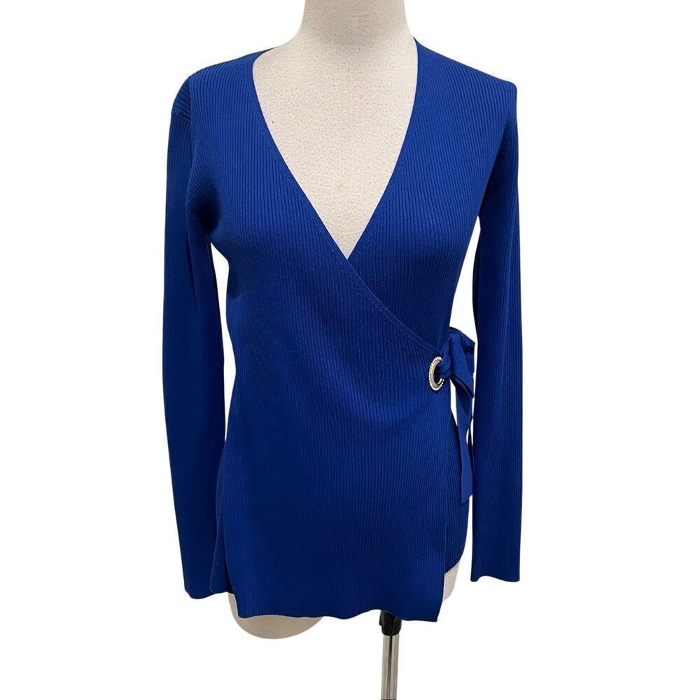 Select + Trend Womens Ribbed Side Tie Wrap Sweater Top Angel Fish Blue Small NWT